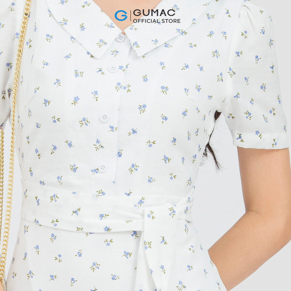 Đầm form A GUMAC DC09083 buộc nơ eo họa tiết cổ bâu sen nữ tính