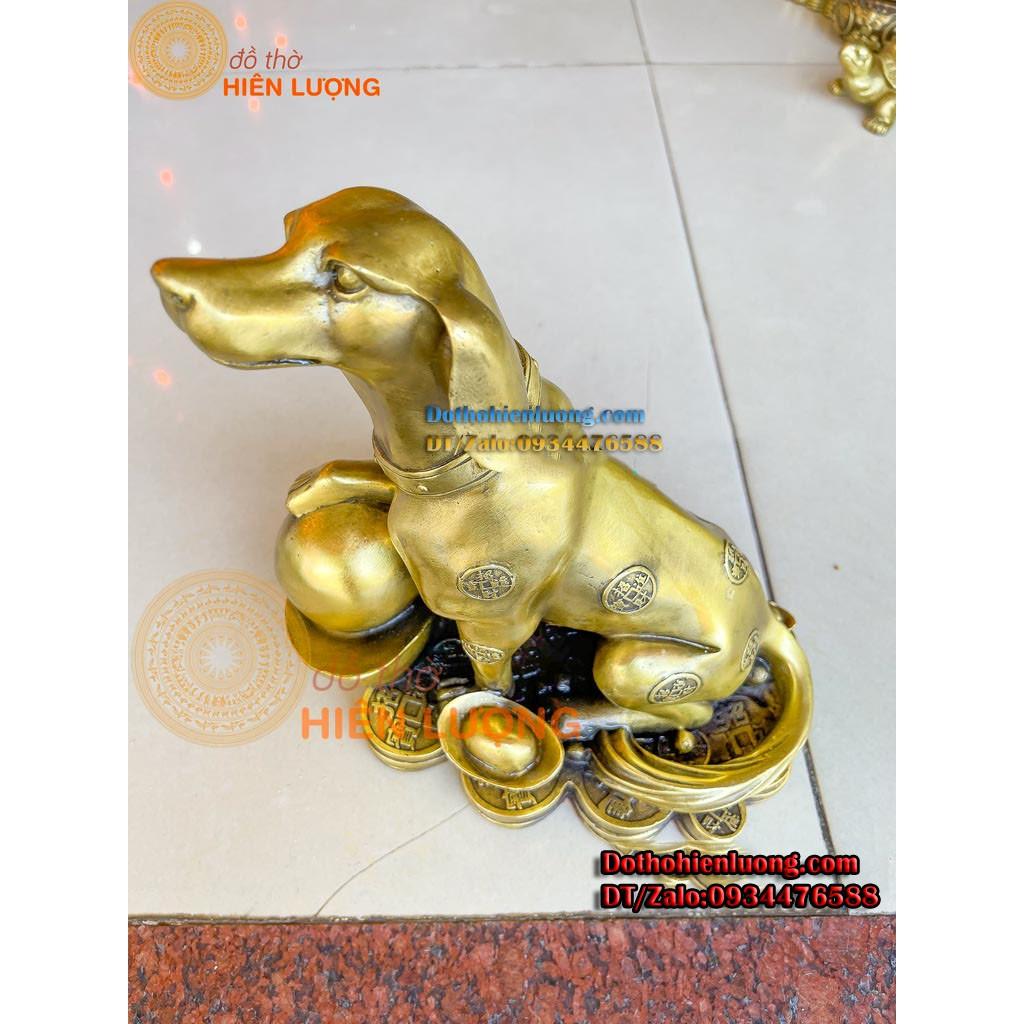 Tượng Chó Đồng Phong Thủy Ngồi Bệ Vàng Cao 30cm - Linh Vật Phong Thủy May Mắn