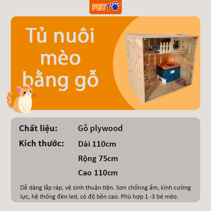 Chuồng cho mèo bằng gỗ PETTO để được nhà vệ sinh, Nhiều không gian cho mèo vui chơi cào móng CC061