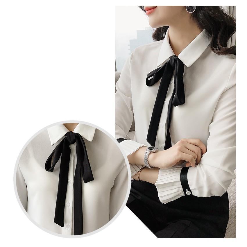 Áo sơ mi nữ cổ nơ tay chumpet xinh xắn, thời trang trẻ, phong cách Hàn Quốc
