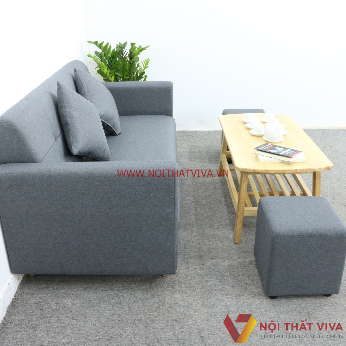Bộ Bàn Ghế Sofa Nệm Bọc Nỉ Màu Xám 6 Món Gọn Đẹp Hiện Đại Giá Rẻ
