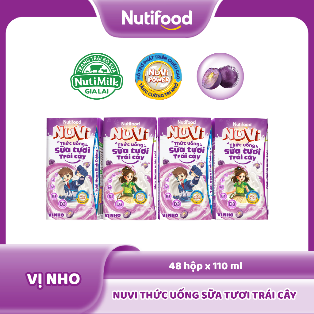 Thùng 48 hộp Thức Uống Sữa Tươi Trái Cây Tươi Nuvi Vị Nho 110ml - Tăng Cường Chiều Cao, Phát Triển Trí Não