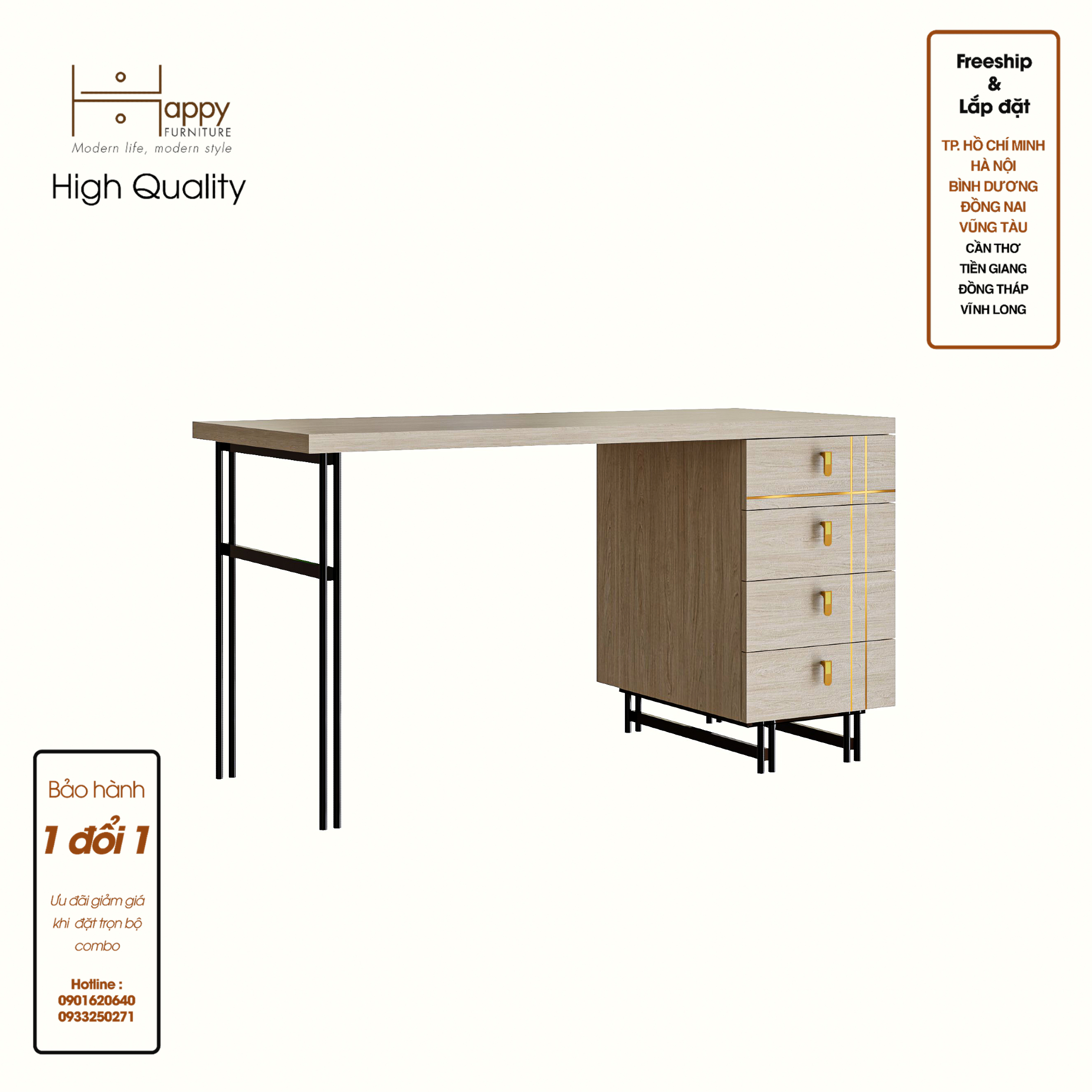 [Happy Home Furniture - 100% GỖ TỰ NHIÊN] JOCASTA, Bàn làm việc 4 ngăn kéo-Chân sắt,140cm x 59cm x 75cm(DxRxC), BAN_091