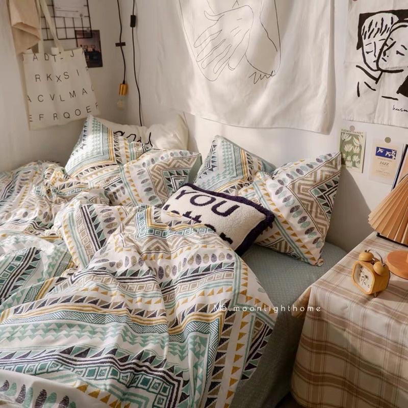 Bộ Chăn Ga Gối Cotton Living 100%cotton Hàng Nhập Khẩu Cao Cấp 4 Món Thổ Cẩm Xanh