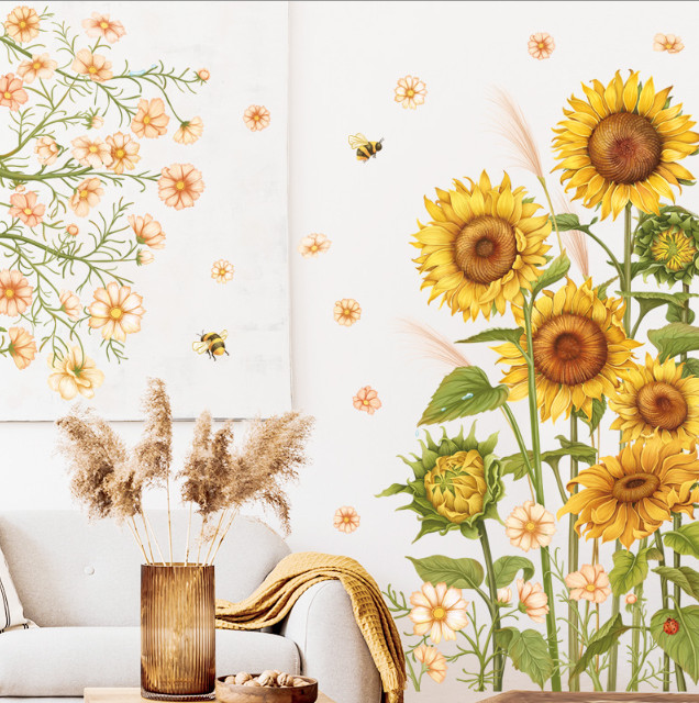 Decal trang trí tường - Bụi hoa hướng dương vàng óng ánh