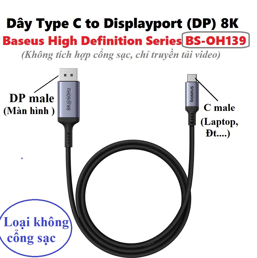 Dây Type C to Displayport (DP) truyền tải video 8K@60Hz tích hợp sạc PD 100W Baseus High Definition BS OH176 _ hàng chính hãng