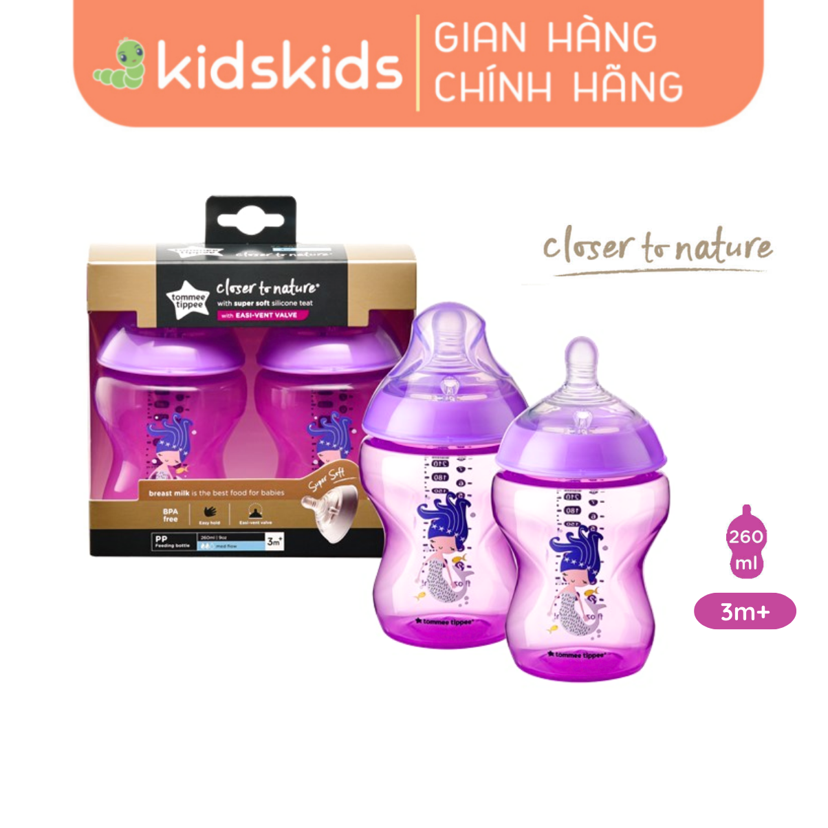 Bình Sữa Ty Siêu Mềm Tự nNhiên Tommee Tippee Closer To Nature 260ml, Núm Ty Của Bình 3-6 tháng – Tím (Bình Đôi)