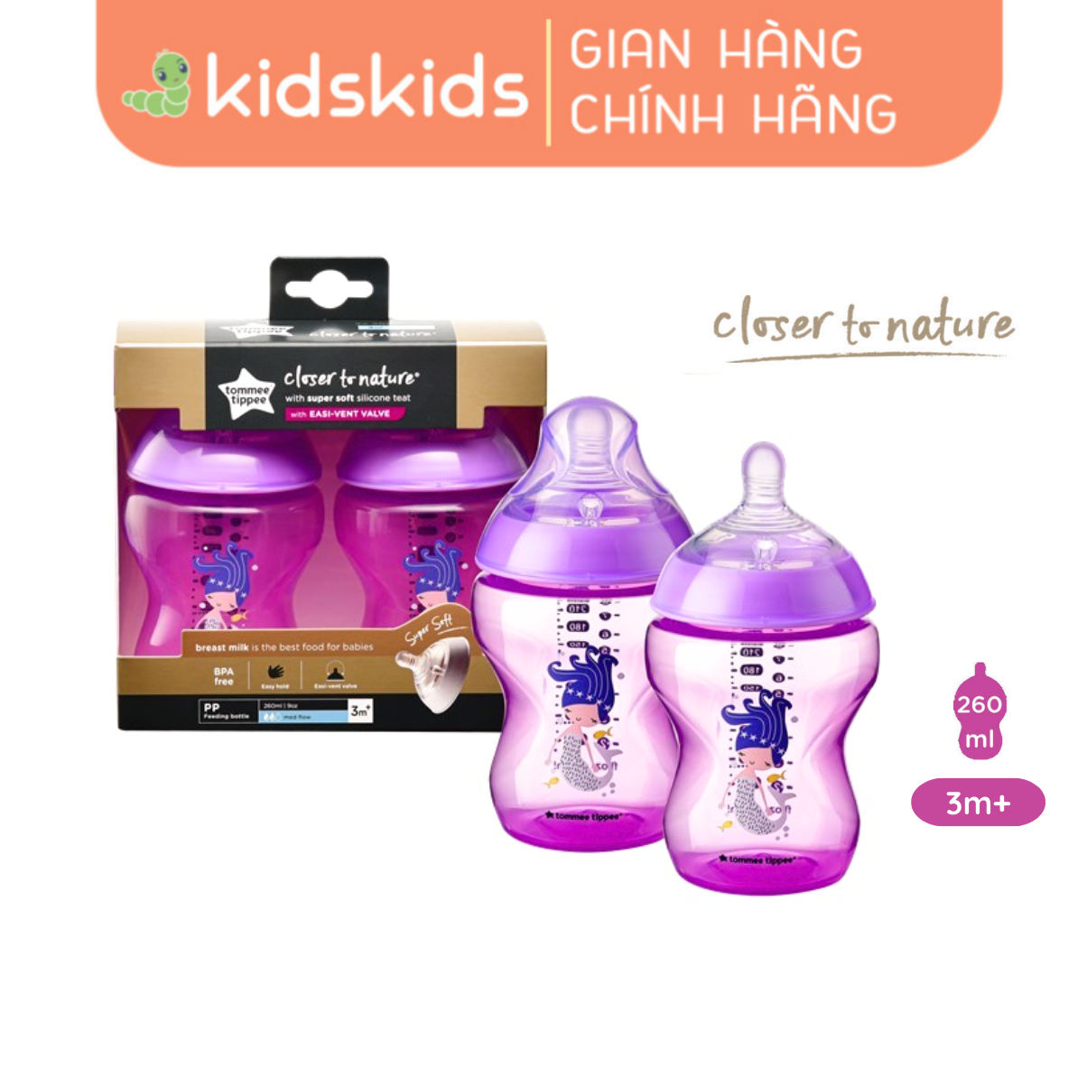 Bình sữa ty siêu mềm tự nhiên Tommee Tippee Closer to Nature 260ml, núm ty đi kèm 3-6 tháng – Tím (Bình đôi)