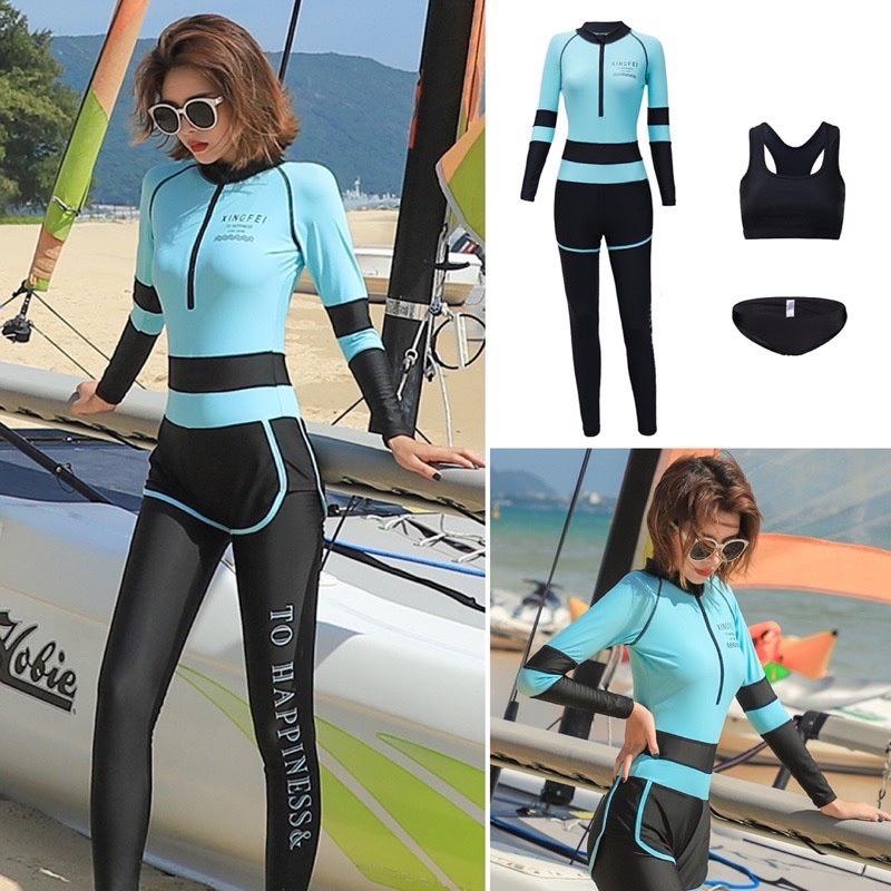 Bộ đồ bơi nữ liền mảnh dài tay quần dài xanh mint pha đen siêu đẹp