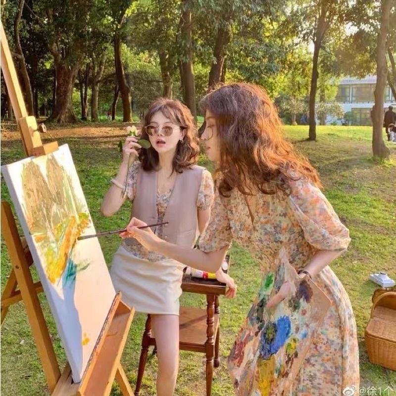 Váy Hoa Nhí Cổ V, Đầm Hoa Nữ Tay Bèo Dáng Dài Váy Vintage, Váy hoa maxi