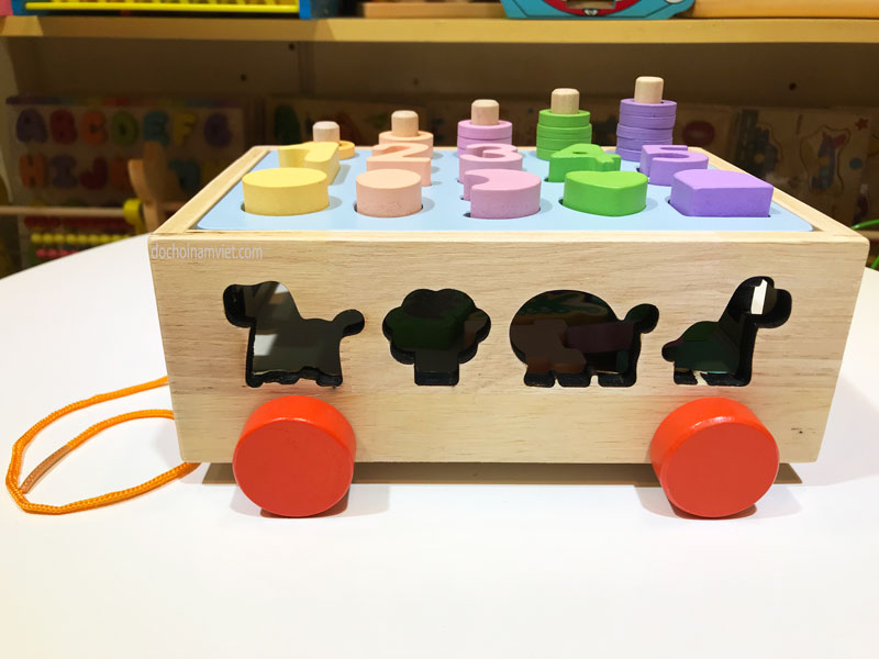 Xe kéo ô tô thả hình khối, con vật, học số và tập đếm xâu hạt đồ chơi gỗ