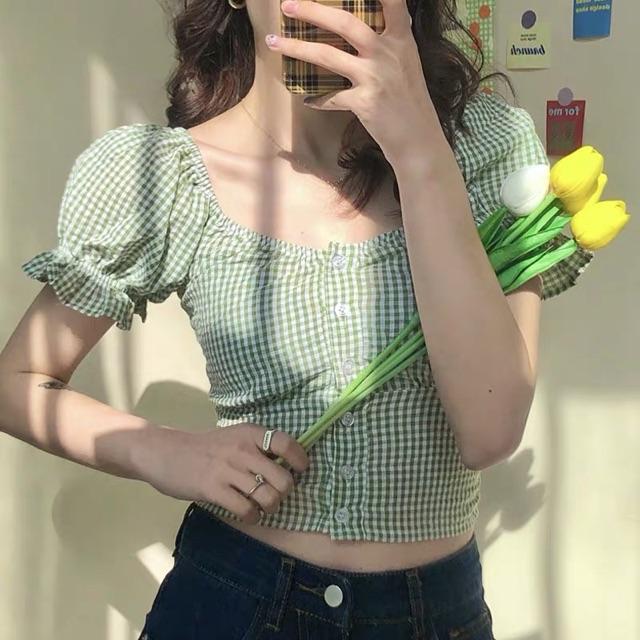 Áo caro croptop tay bồng phong cách Ulzzang Hàn Quốc