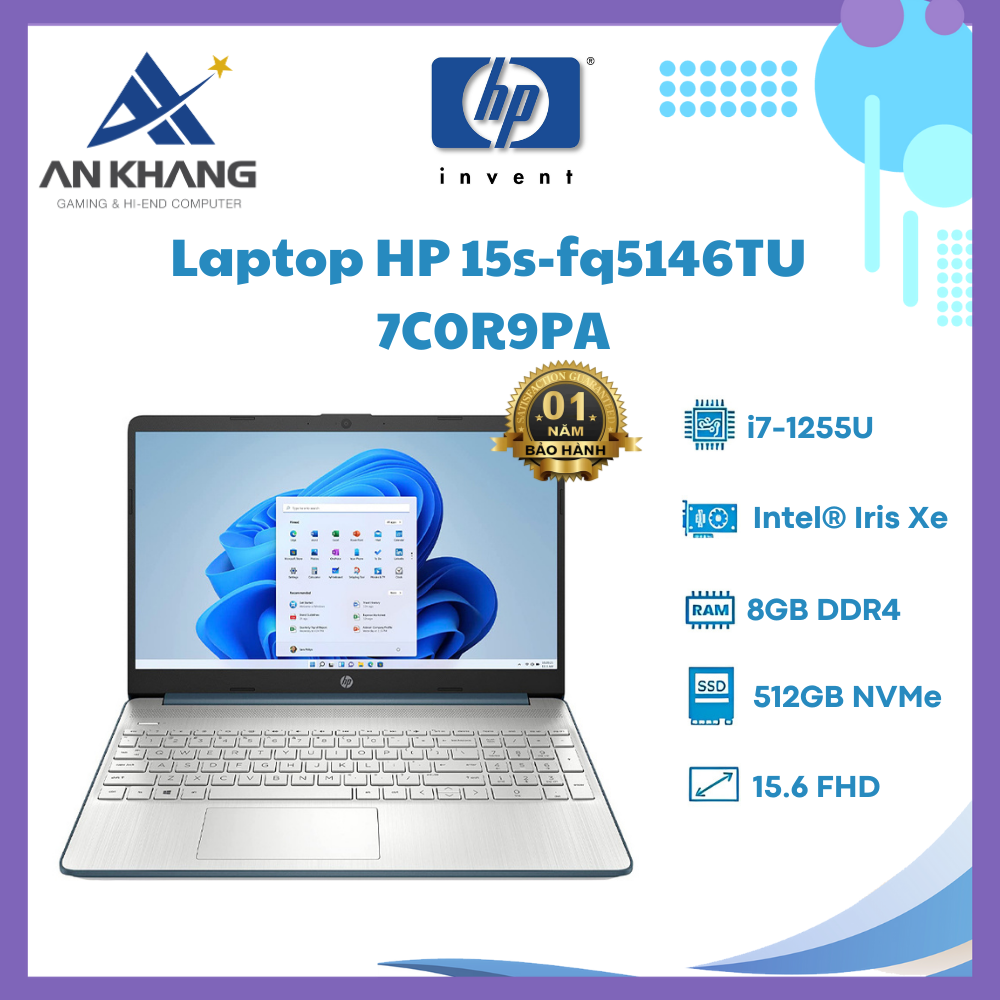 Laptop HP 15s-fq5146TU 7C0R9PA (Core i7-1255U | 8GB | 512GB | Iris Xe Graphics | 15.6inch FHD | Windows 11 | Spruce Blue) - Hàng Chính Hãng