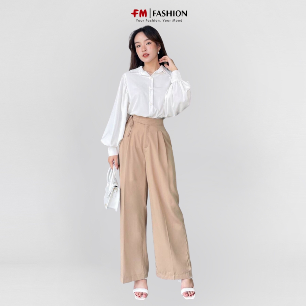Quần Tây Nữ Fm Style Dài Ống Rộng Lưng Cao Thắt Nơ Lưng Màu Trơn Thời Trang Hàn Quốc 22110306