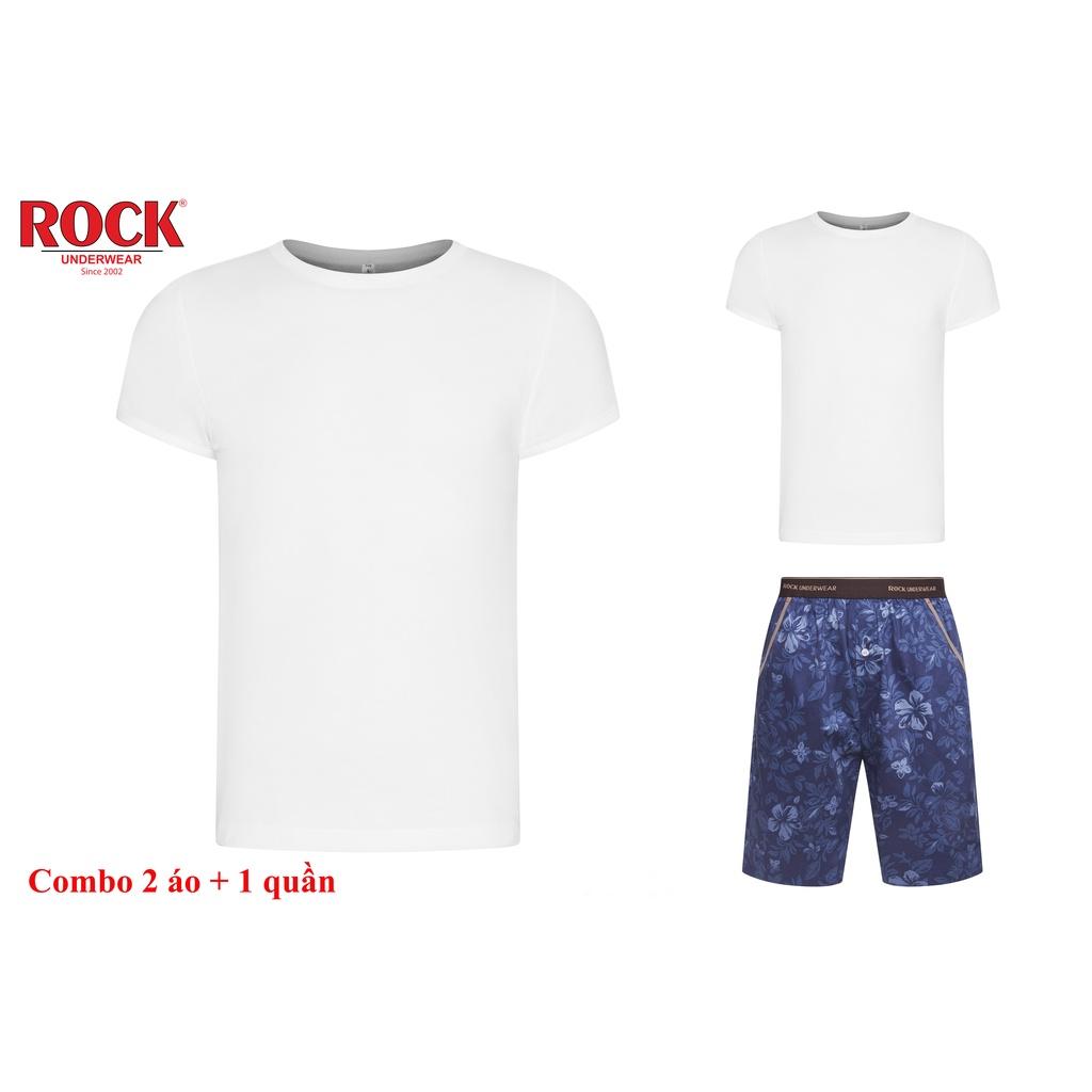 Combo 2 áo thun không đường may vải rip cotton 100% ROCK 5076 + 1 quần Short nam 5047 mạnh mẽ cá tính mặc nhà, tập gym