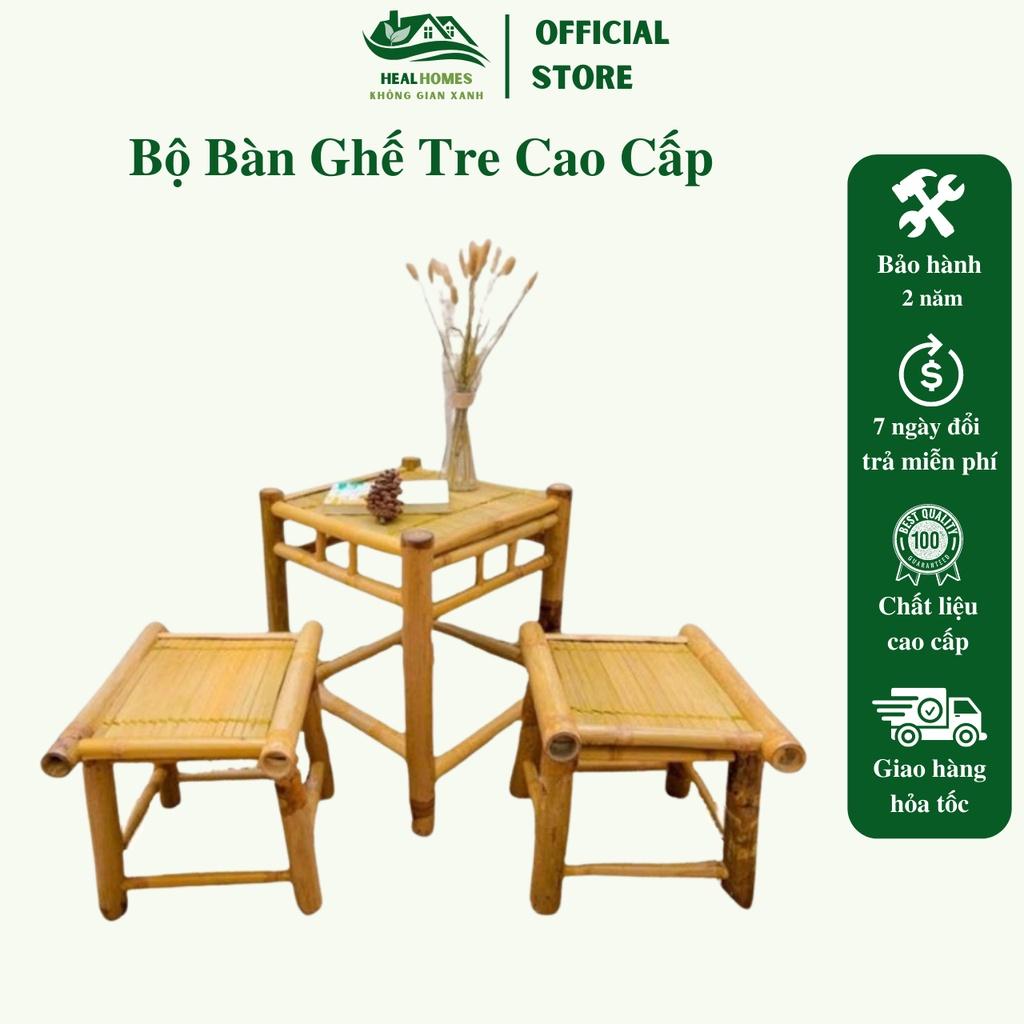 Bộ bàn ghế ban công tre cao cấp gồm 1 bàn và 2 ghế , dùng thư giãn trang trí phòng khách sân vườn quán caffee/ Healhomes