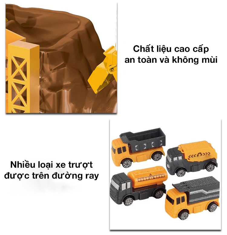 Bộ đồ chơi mô hình công trình khai thác đá KAVY kèm 4 ô tô, máy xúc có bóng nhỏ lăn theo đường ray