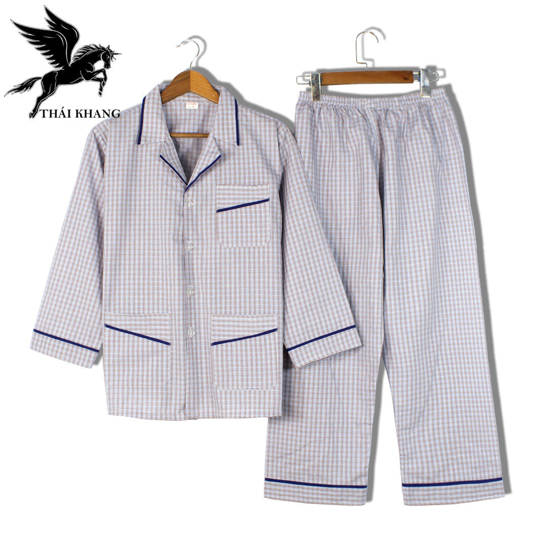 Bộ pijama nam dài tay trung niên vải cotton mặc mát thoải mái cho người già loại bộ đồ trung niên pijama mặc nhà loại caro (Giao ngẫu nhiên)