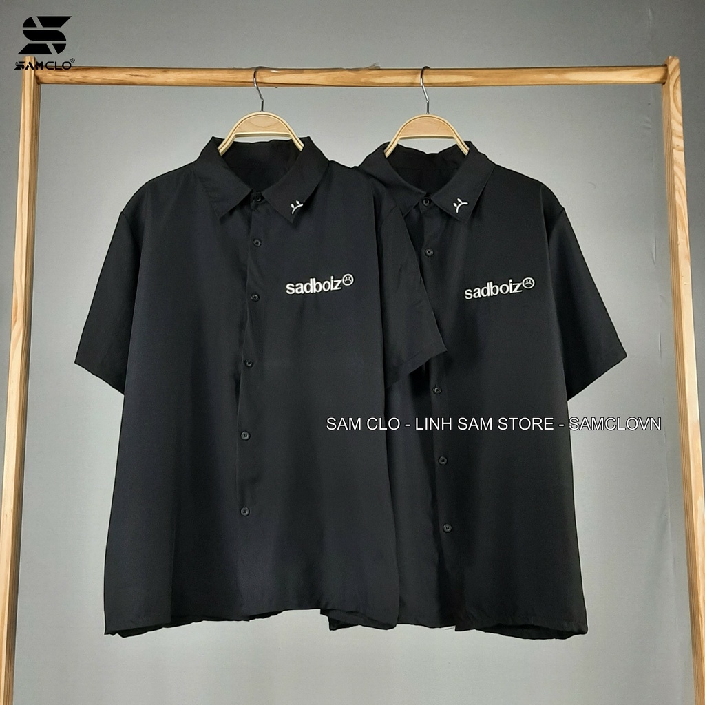 Áo SƠ MI NỮ form rộng cổ bẻ tay ngắn - lỡ dáng ulzzang freesize unisex mặc cặp, nhóm, THÊU chữ SADBOIZ