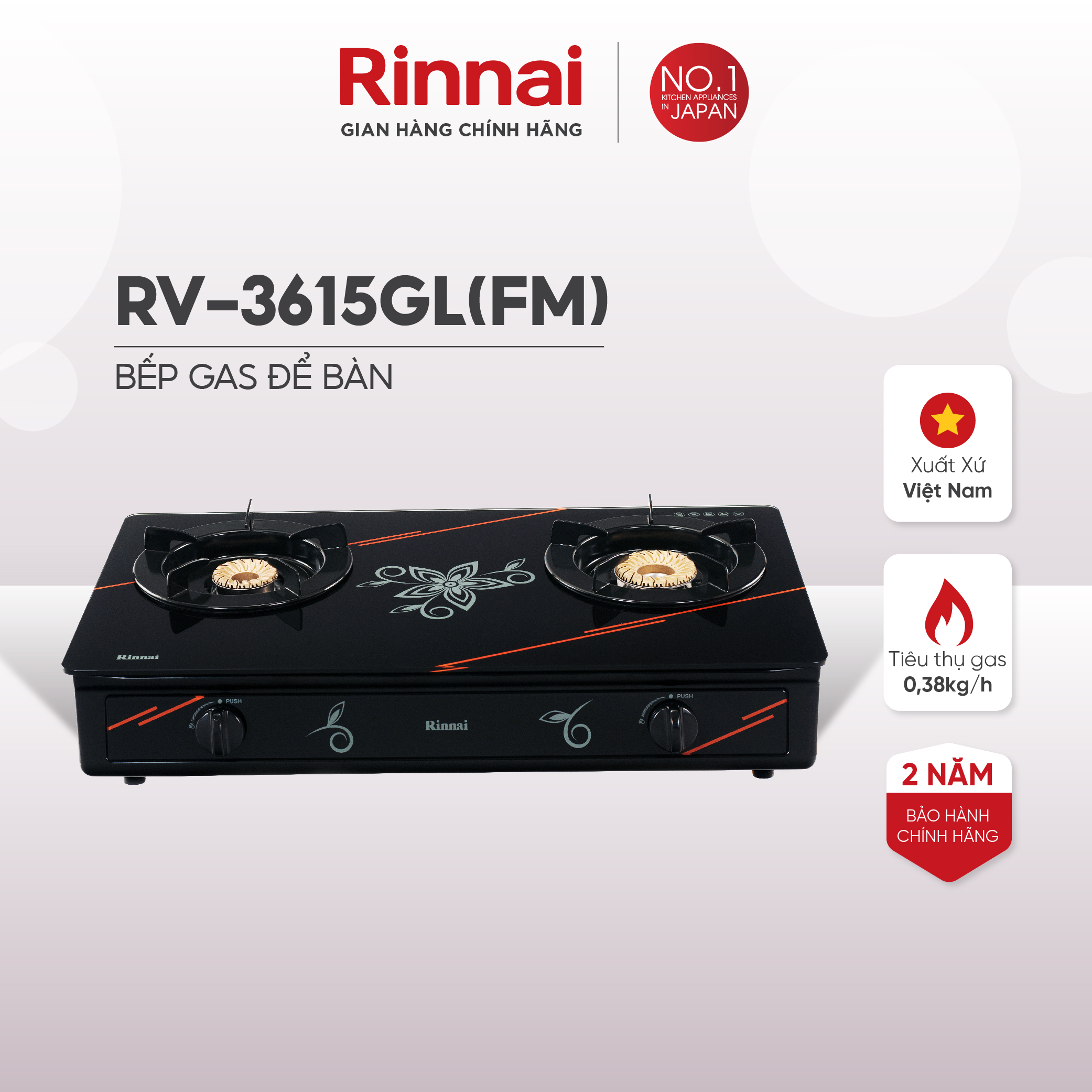 Bếp gas dương Rinnai RV-3615GL(FM) mặt bếp kính và kiềng bếp men - Hàng chính hãng.