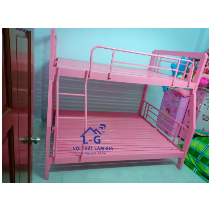 Giường tầng sắt hộp vuông trẻ em cao cấp 1m4-1m6 màu hồng loại tốt
