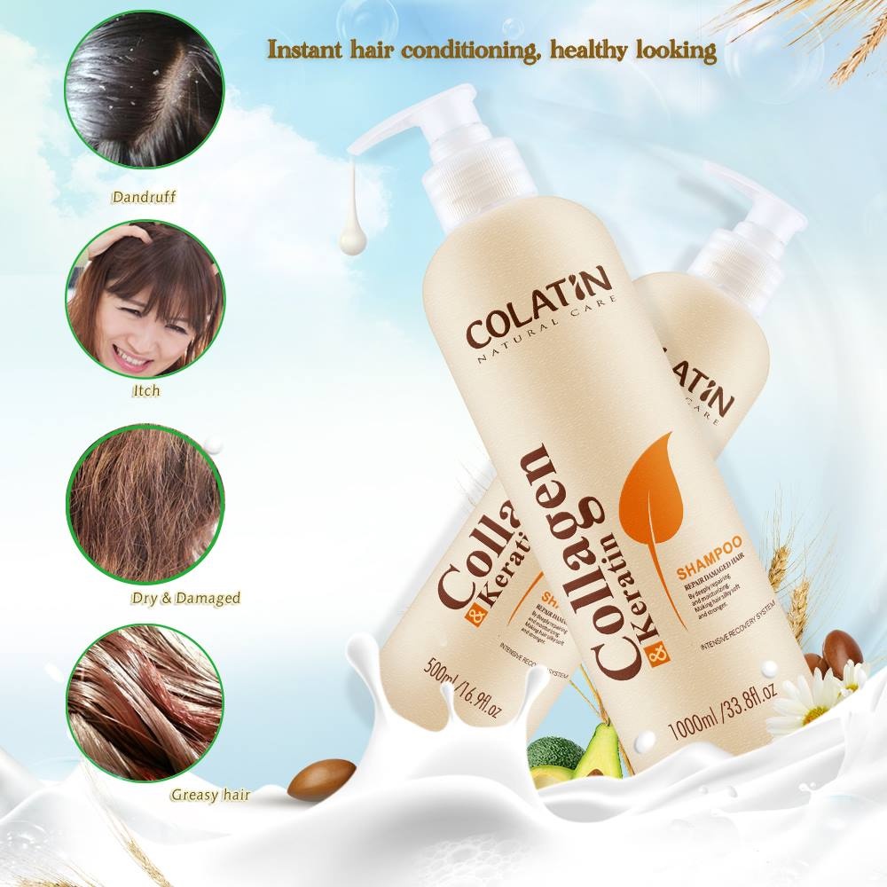 Dầu gội xả keratin, collagen, tinh chất tơ tằm ngăn rụng tóc, phục hồi sâu hư tổn COLATIN 500 -1000ml