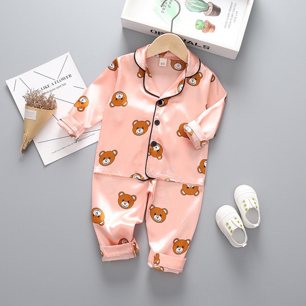 Bộ Pijama Dài Tay In Hình Gấu Chất Lụa Satin Cao Cấp, Đồ Ngủ Lụa Cho Bé Từ 7-28Kg - SUMOKIDS