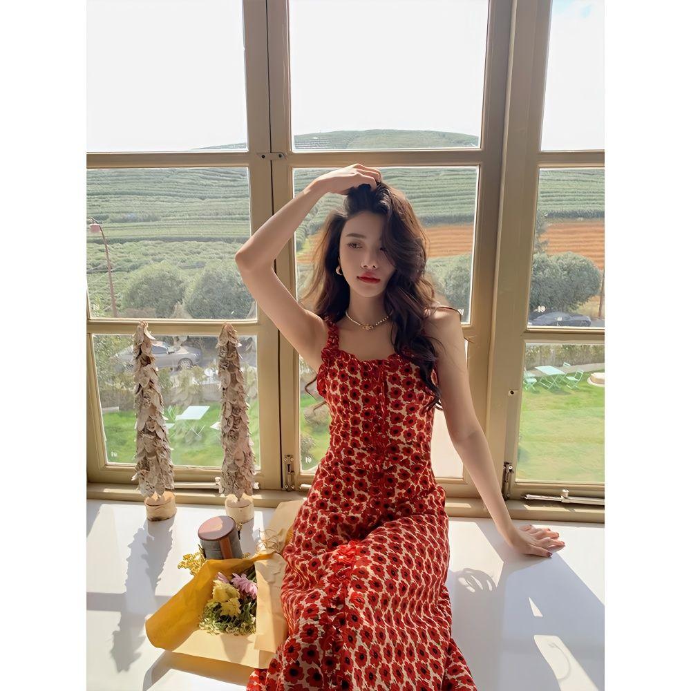SHUANGYAN Tea Break Dress Pháp Vintage Fairy Dress Nhỏ giảm tuổi Pure Sex Wind Sling Dress Nữ 2023 Summer Dress