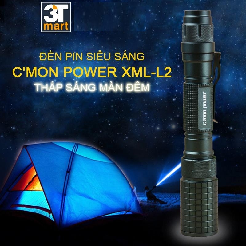 Bộ 1 đèn pin siêu sáng C'mon Power DELTA XML-L2 + 2 pin sạc + bộ sạc đôi nhanh USB 1A