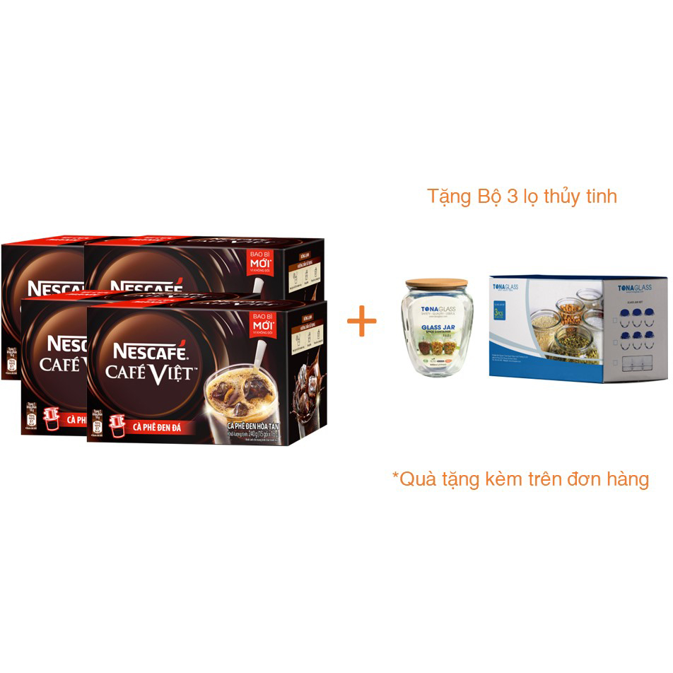 Combo 4 hộp cà phê hòa tan Nescafé café Việt đen đá (Hộp 15 gói x 16g)[Tặng bộ 3 lọ thủy tinh - Giao mẫu ngẫu nhiên]