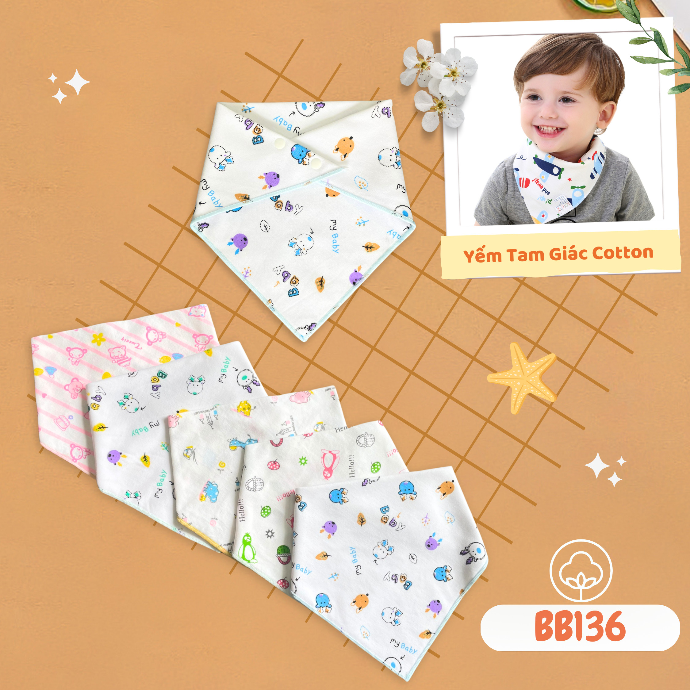 Yếm tam giác cho bé Babiboo khăn yếm cotton 2 lớp, họa tiết đáng yêu- BB136