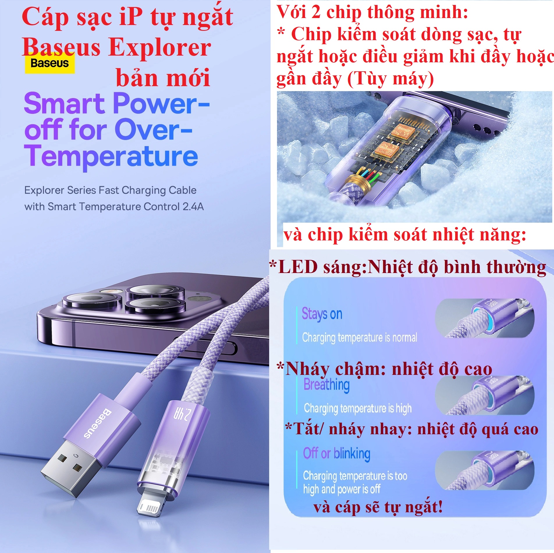 Cáp sạc ip tự ngắt với bộ đôi chip thông minh dòng 2.4A Usb-ip Baseus Explorer (Mới) CB000041 _ hàng chính hãng