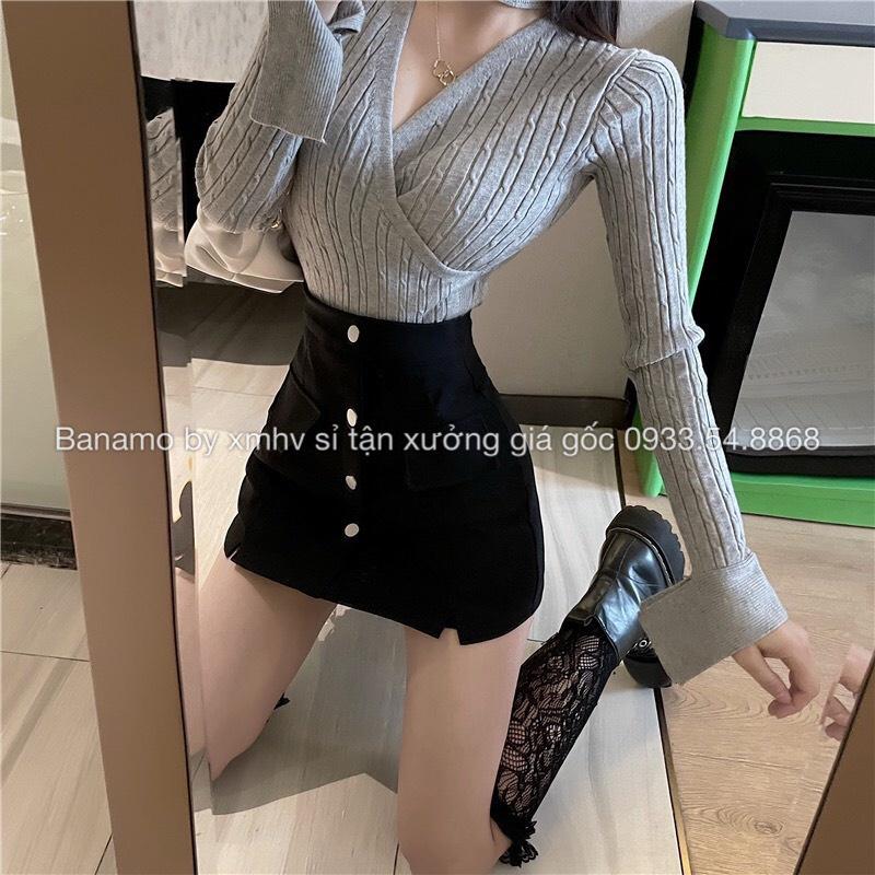 Quần váy cạp cao khuy dọc cá tính phong cách hàn quốc thời trang Banamo Fashion 6319