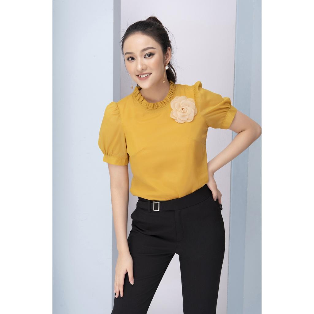 Áo Sơ Mi Nữ Tay Phồng LIPERI LFSM1198 Thiết kế cổ tròn đính hoa ngực chất lụa tơ cao cấp mềm mịn nhẹ mát không nhăn