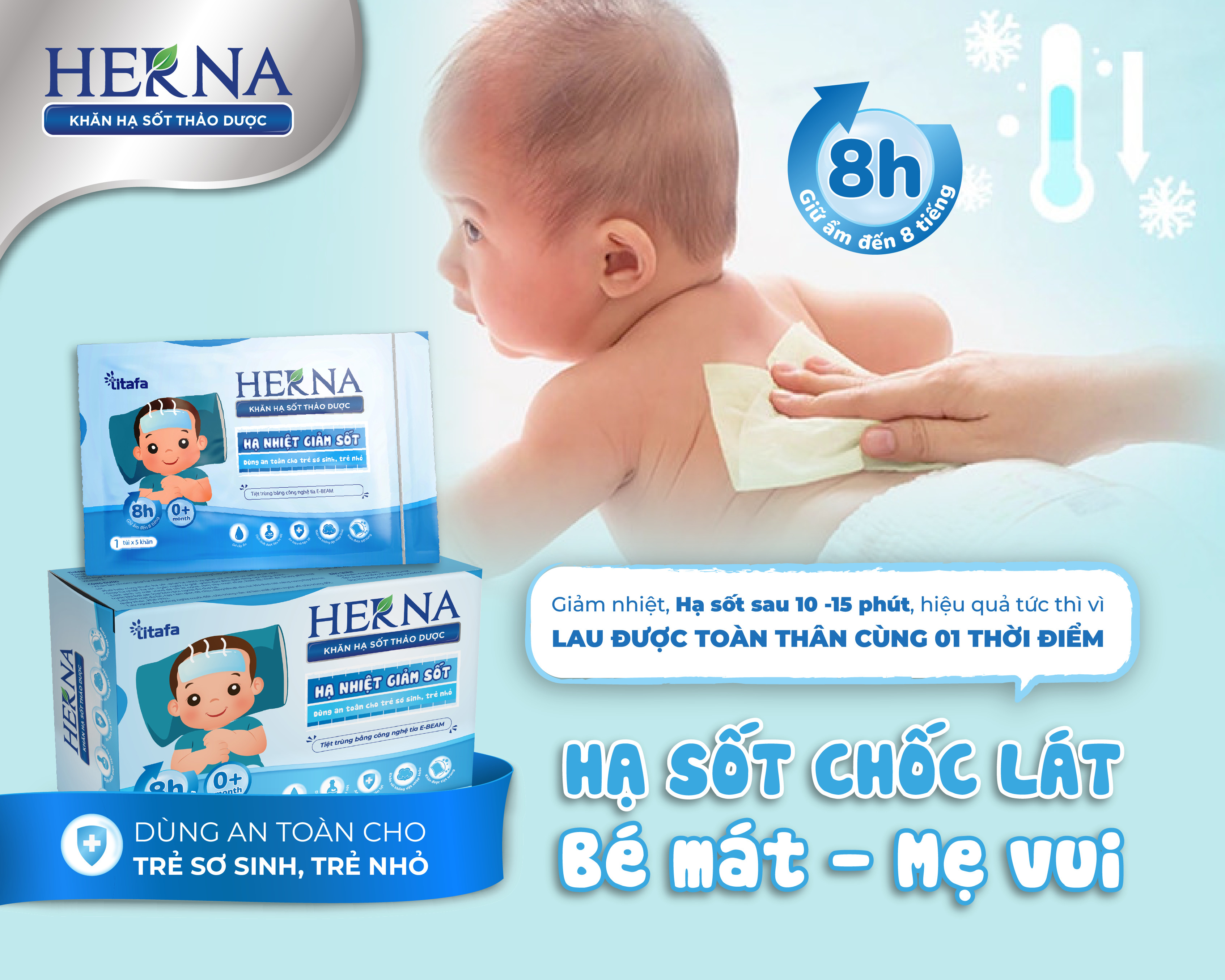 Khăn hạ sốt thảo dược Herna (20 khăn) - Giúp hạ sốt giảm nhiệt nhanh, an toàn cho bé