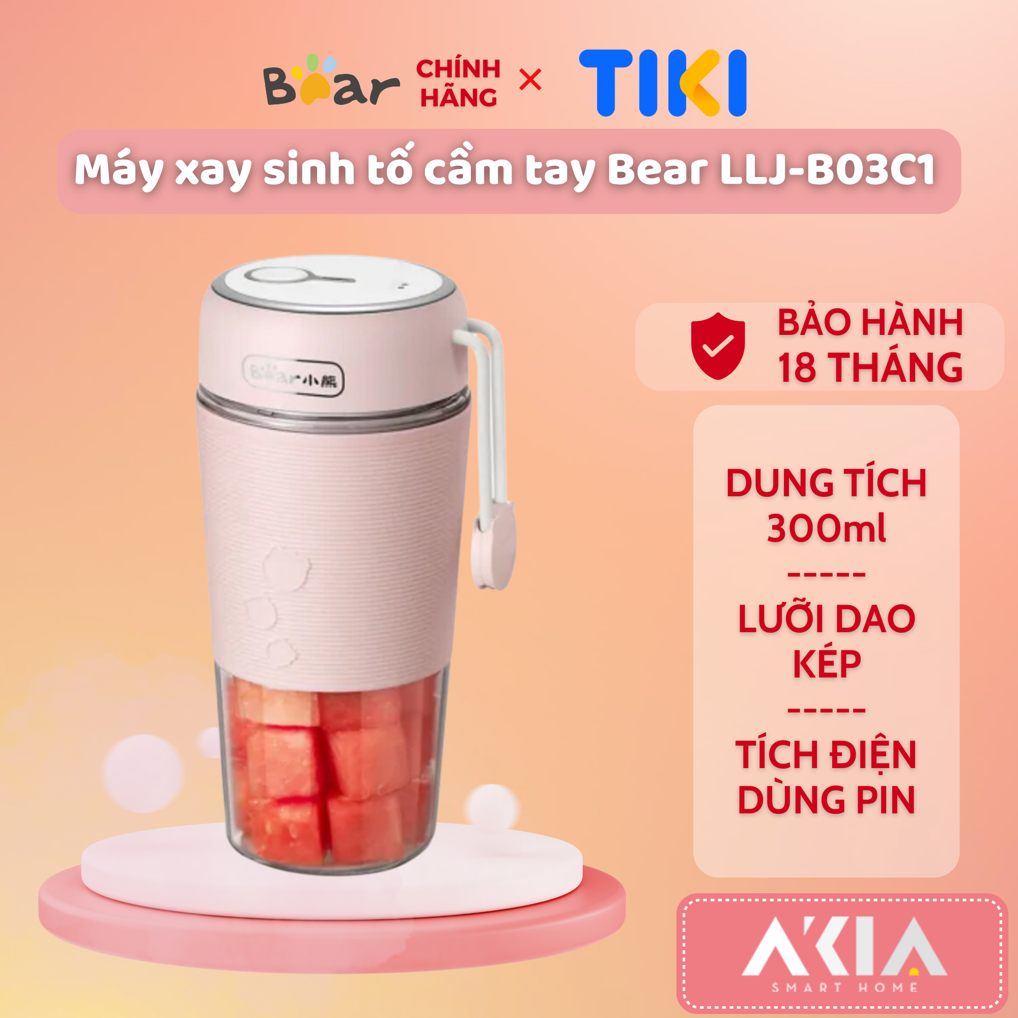 Máy xay sinh tố cầm tay Bear LLJ-B03C1, dung tích 300ml, lưỡi dao kép xay mạnh, dễ mang theo sử dụng - HÀNG CHÍNH HÃNG