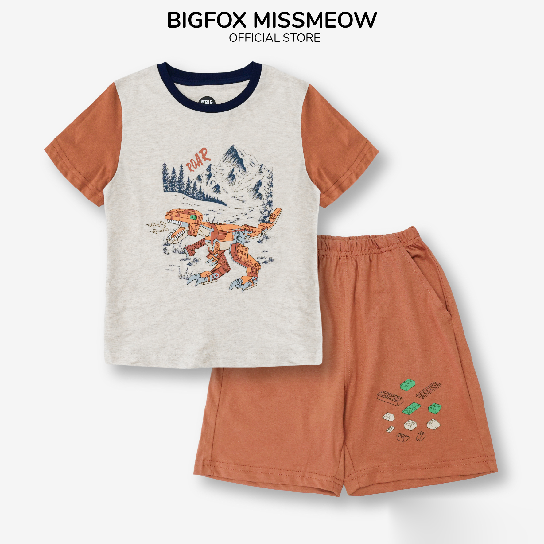 Bộ bé trai mùa hè Bigfox Miss Meow, chất cotton xuất Hàn, kiểu cộc tay in khủng long size đại 3,6,9,10,11 tuổi 30kg 40kg 1909