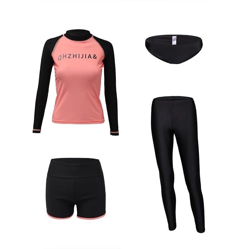 Set bikini đồ bơi nữ dài tay 4 mảnh áo cam quần đen