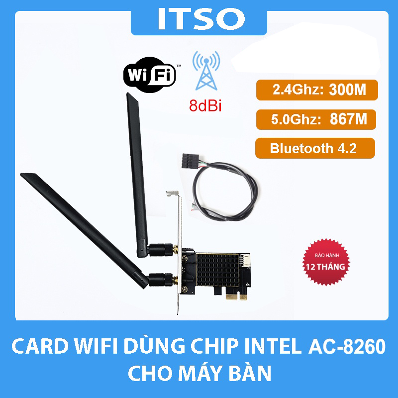 Card WIFI Bluetooth cho PC sử dụng chip Intel AC 8260 khe PCI cho  tích hợp Bluetooth 4.2 tốc độ 867M có tản nhiệt