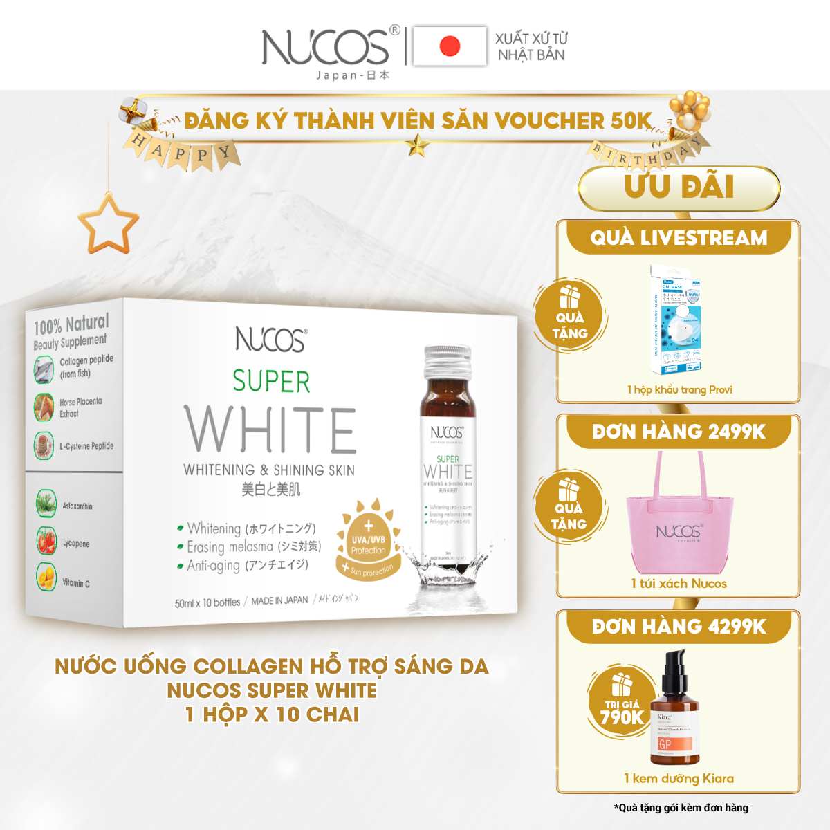 Nước uống Collagen trắng da Nucos Super White hộp 10 chai