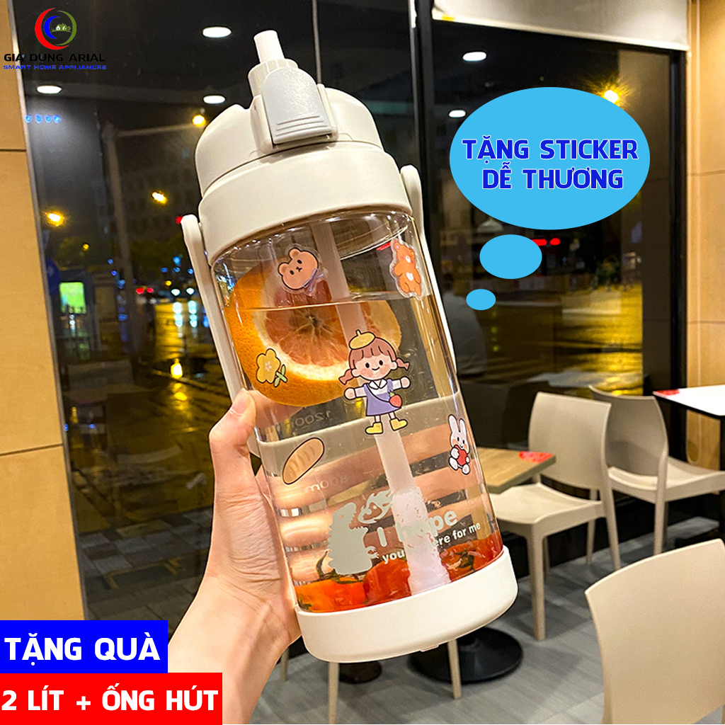 Bình Nước Siêu To Khổng Lồ Dung Tích 2L Cực Dễ Thương Có Ống Hút Và Tặng Kèm Miếng Dán Cute