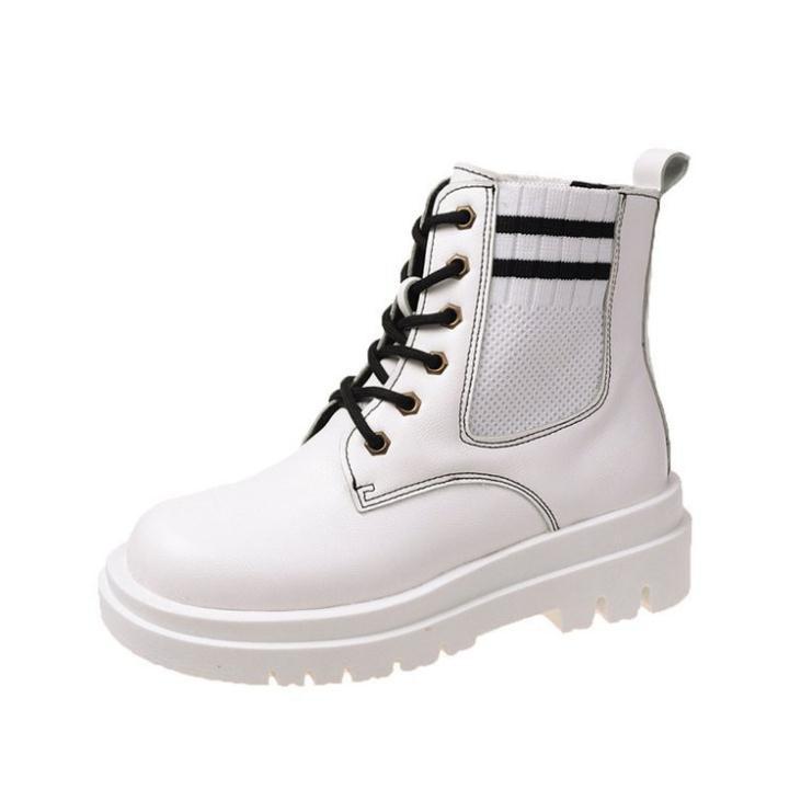 Giày bốt cổ thấp Martin cho nữ, boots cổ thấp có dây màu đen cổ tròn phối len