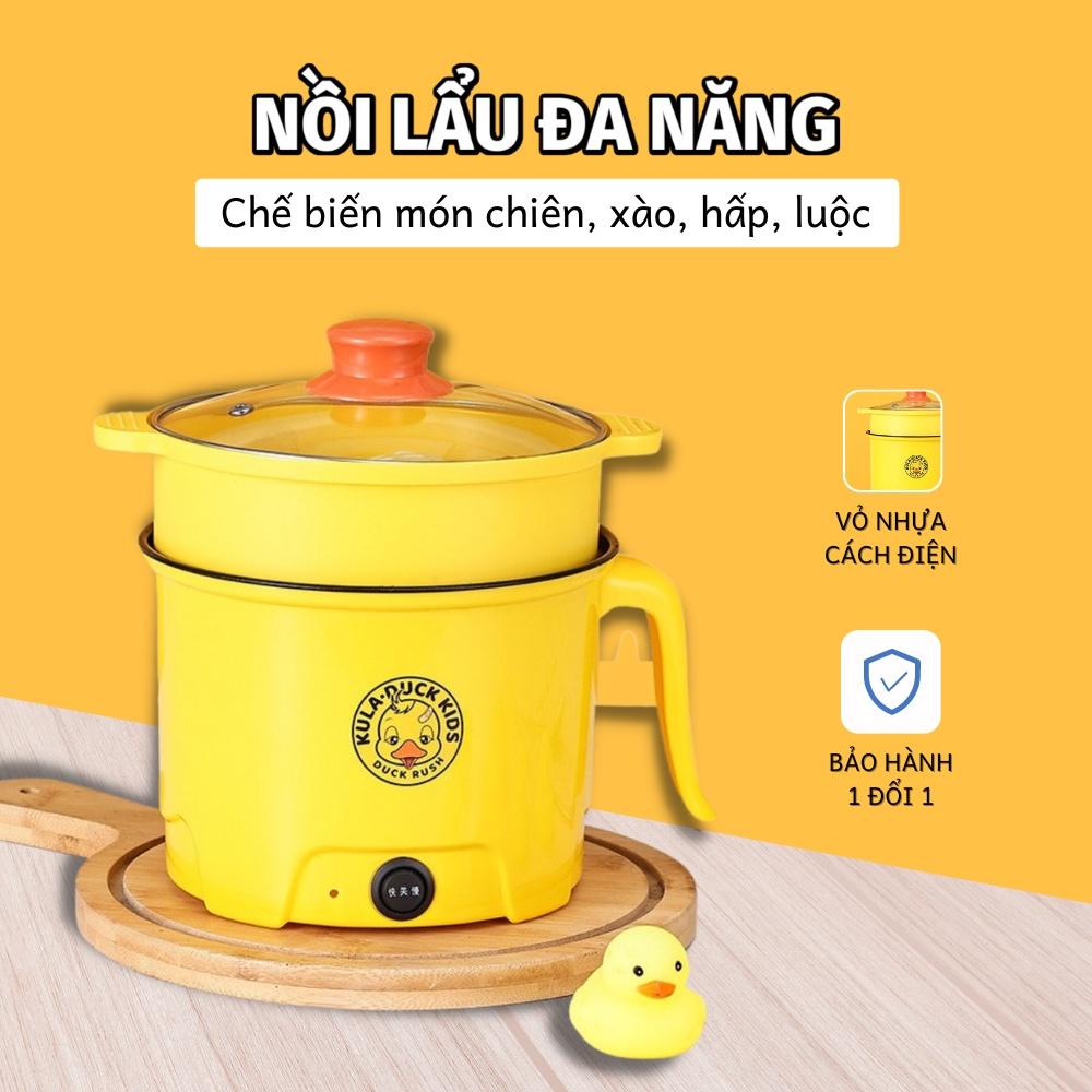 Ca Nấu Mì, Nồi Lẩu Điện 18Cm Con Vịt Vàng Đa Năng Mini Kèm Xửng Hấp Inox.