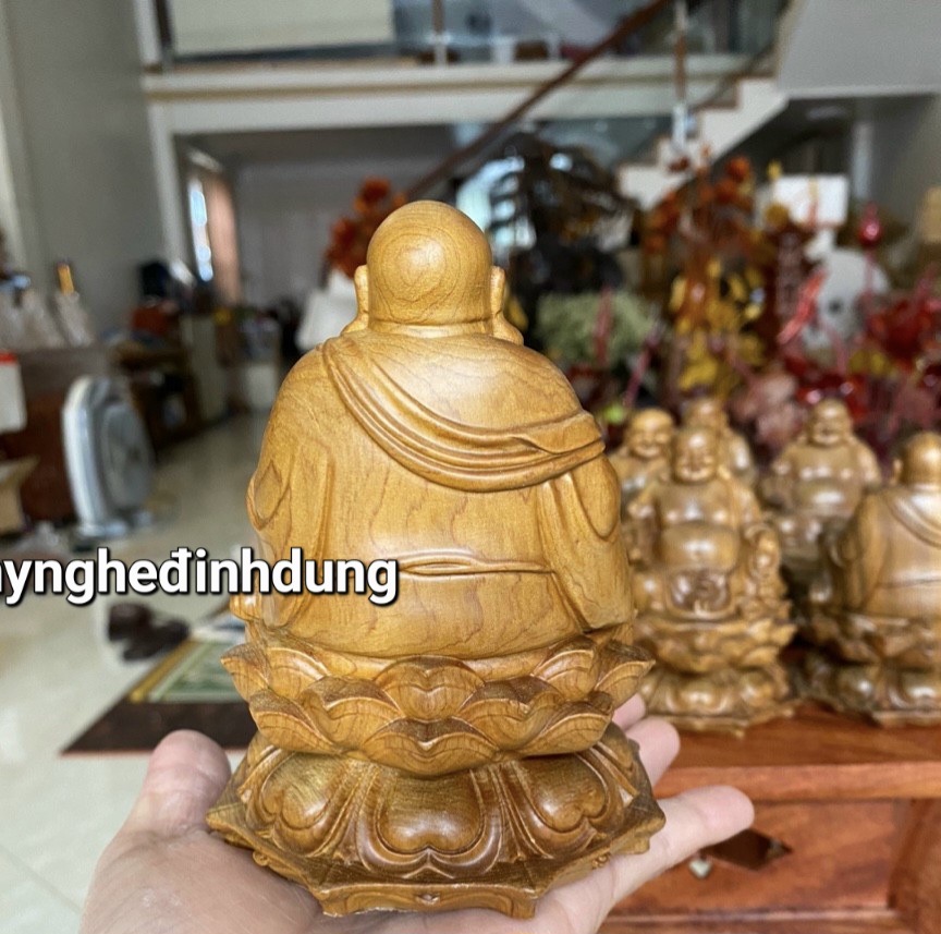 Tượng phật di lặc ngồi tọa sen gỗ bách xanh kt cao 12×9×9cm