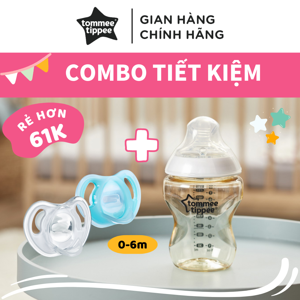 COMBO Bình sữa PPSU ty siêu mềm tự nhiên Tommee Tippee Closer to Nature 150ml &amp; Ty ngậm silicon siêu nhẹ cho bé Tommee Tippee Ultra Light 0-6 tháng (vỉ đôi) - Xanh dương/Trắng