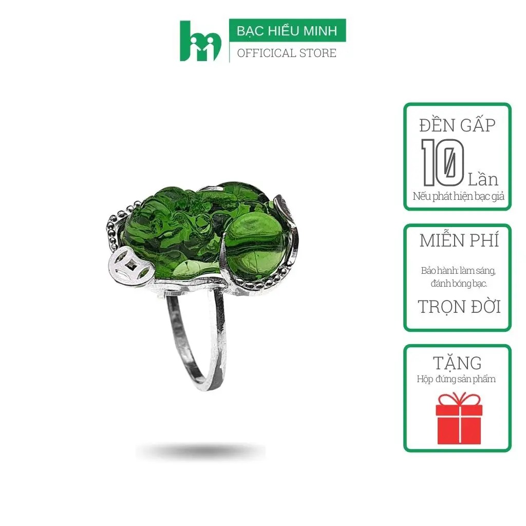 Nhẫn Nữ Bạc - Tỳ Hưu Đá Xanh - Bảo Hành Vĩnh Viễn  Bạc Hiểu Minh NU455X
