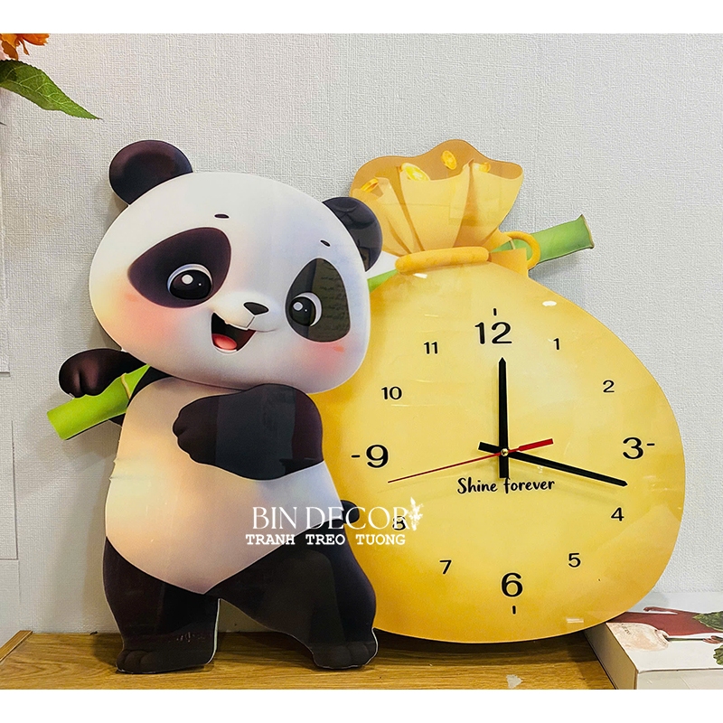 (ẢNH CHỤP THẬT)Tranh đồng hồ đèn led tráng gương gấu trúc dễ thương 6 kèm đinh treo