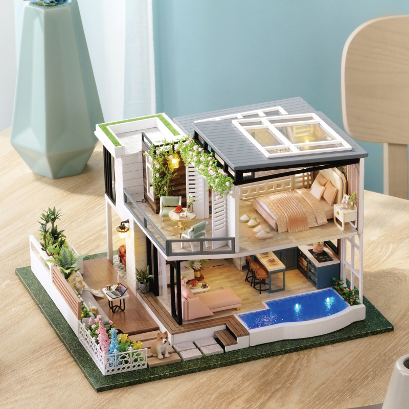 Nhà búp bê tự làm Doll House Miniature- Mô hình  Modern Green Garden- CÓ TẤM CHE BỤI + KEO + CÓT Nhạc