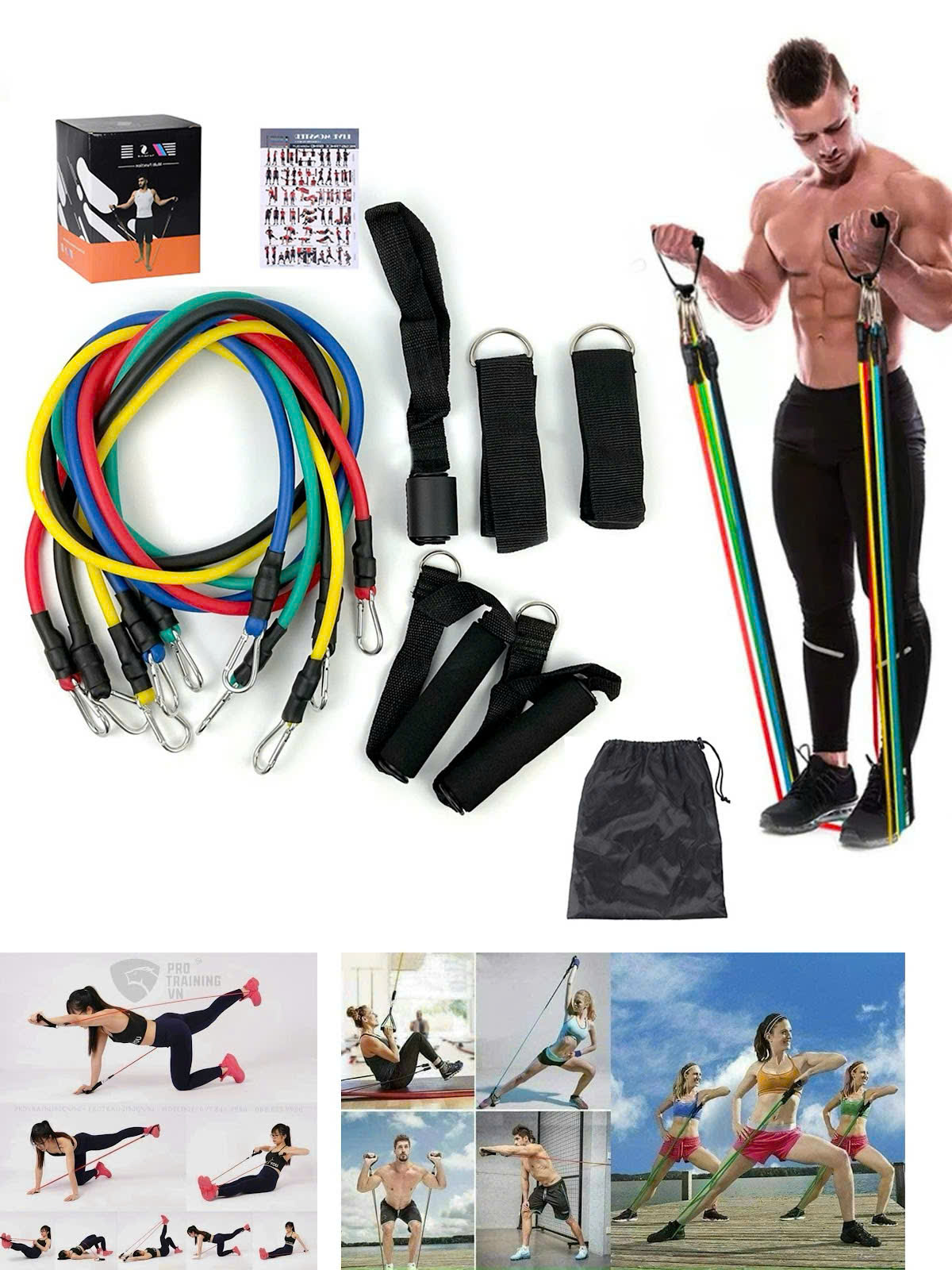 Bộ 5 dây kháng lực đàn hồi tập Gym A-3907, Bộ dây ngũ sắc