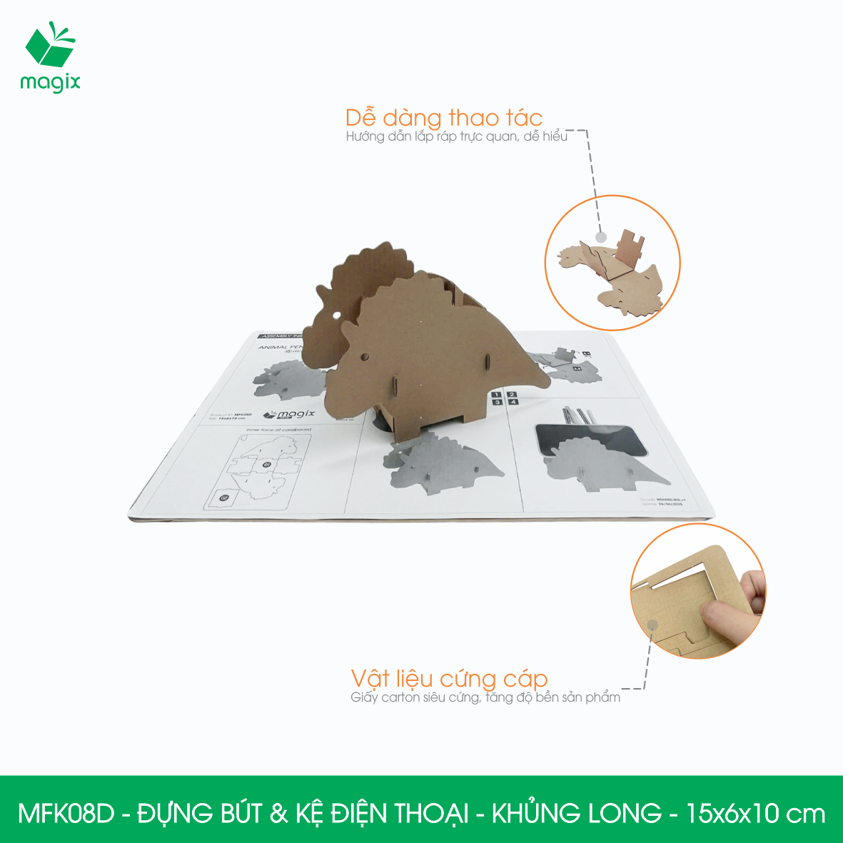 MFK08D - Đựng bút &amp; kệ điện thoại bằng giấy carton - Hộp bút kiểu dáng Khủng long - 15x6x10 cm